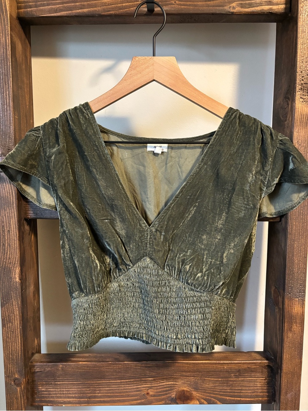 Aerie Olive Green Velvet V-Neck Smocked Waist Women's Top - Medium
